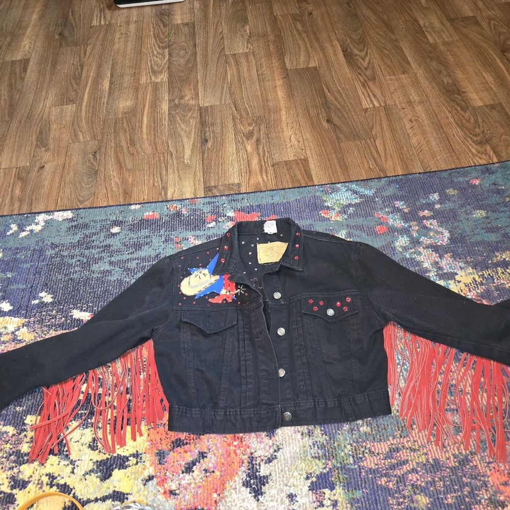 Vintage Denim Jacket With Rhinestones and Red Leather Fringe